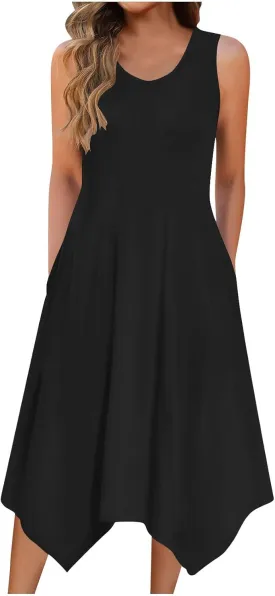 Womens Casual Summer Sleeveless Dress Loose Flowy Beach Dress with Pocket Trendy Dressy Asymmetrical Hem Midi Sundress