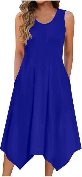 Womens Casual Summer Sleeveless Dress Loose Flowy Beach Dress with Pocket Trendy Dressy Asymmetrical Hem Midi Sundress
