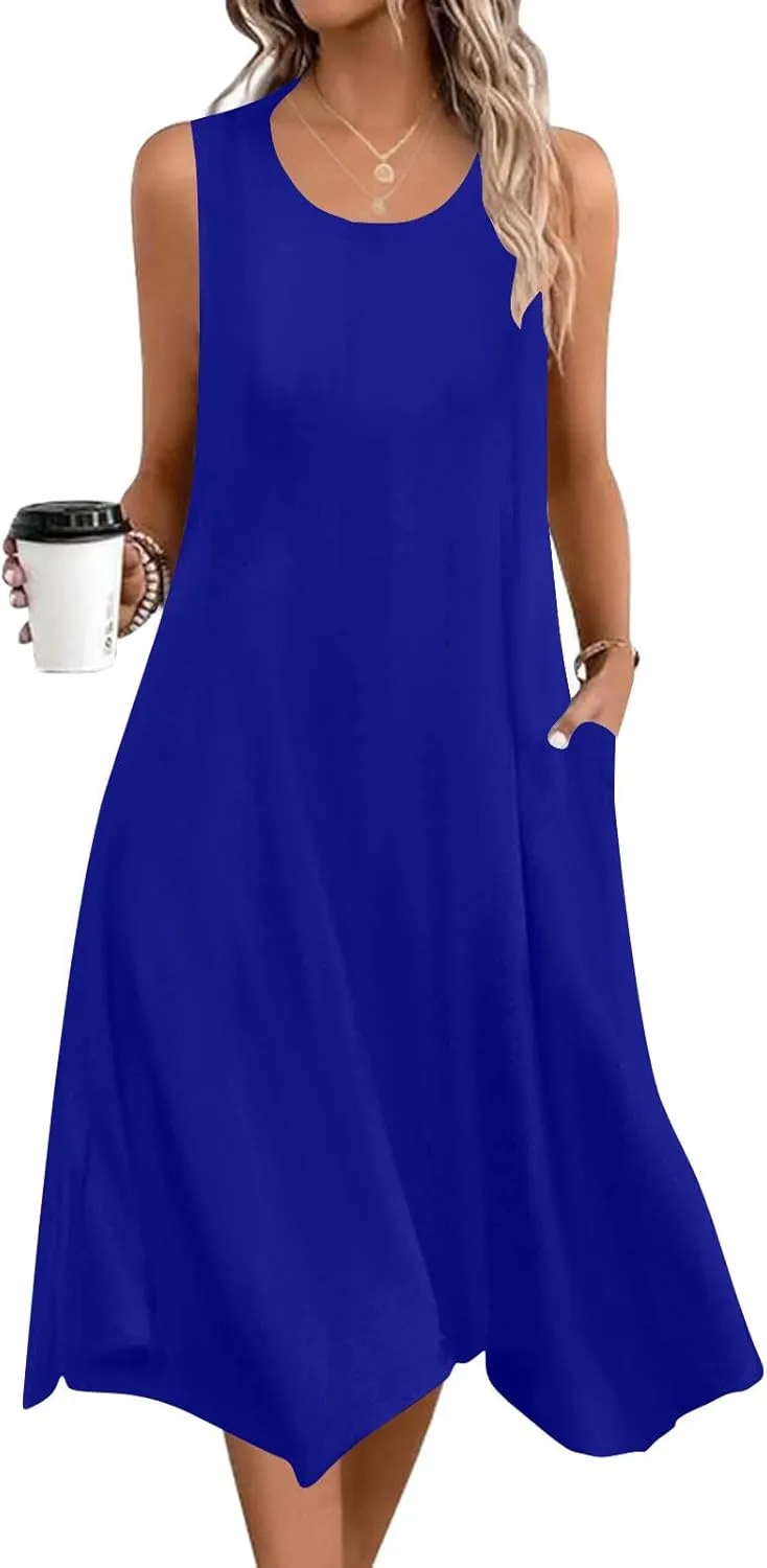 Womens Casual Summer Sleeveless Dress Loose Flowy Beach Dress with Pocket Trendy Dressy Asymmetrical Hem Midi Sundress