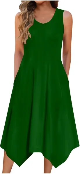 Womens Casual Summer Sleeveless Dress Loose Flowy Beach Dress with Pocket Trendy Dressy Asymmetrical Hem Midi Sundress