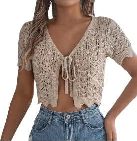 Women's Crochet Shrug Tie Front Bolero Knit Cropped Cardigan Summer Short SleeveLightweight Open Front Cover Up