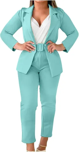 Women's Dressy Suit 2 Piece Business Outfits Long Sleeve Lapel Single Button Blazer and Pencil Pant with Belt Sets