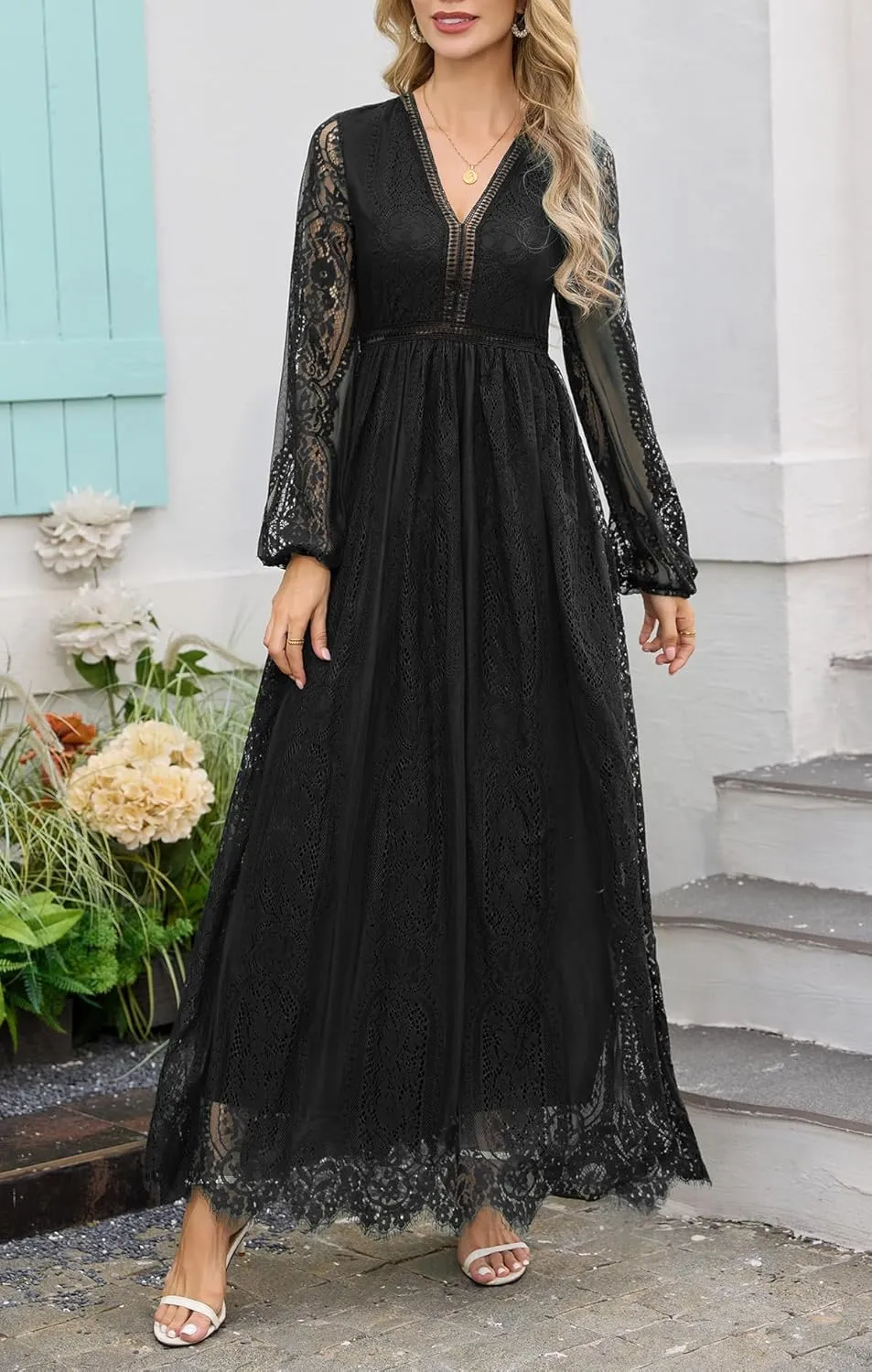 Women's Fall Lace Maxi Wedding Dress Long Sleeve V Neck Flowy A Line Cocktail Formal Party Dress Spring