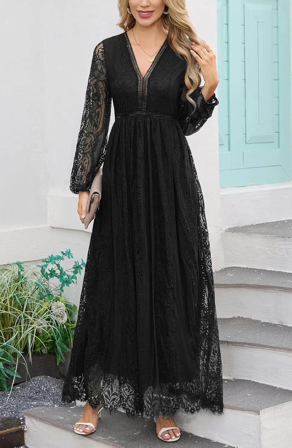 Women's Fall Lace Maxi Wedding Dress Long Sleeve V Neck Flowy A Line Cocktail Formal Party Dress Spring