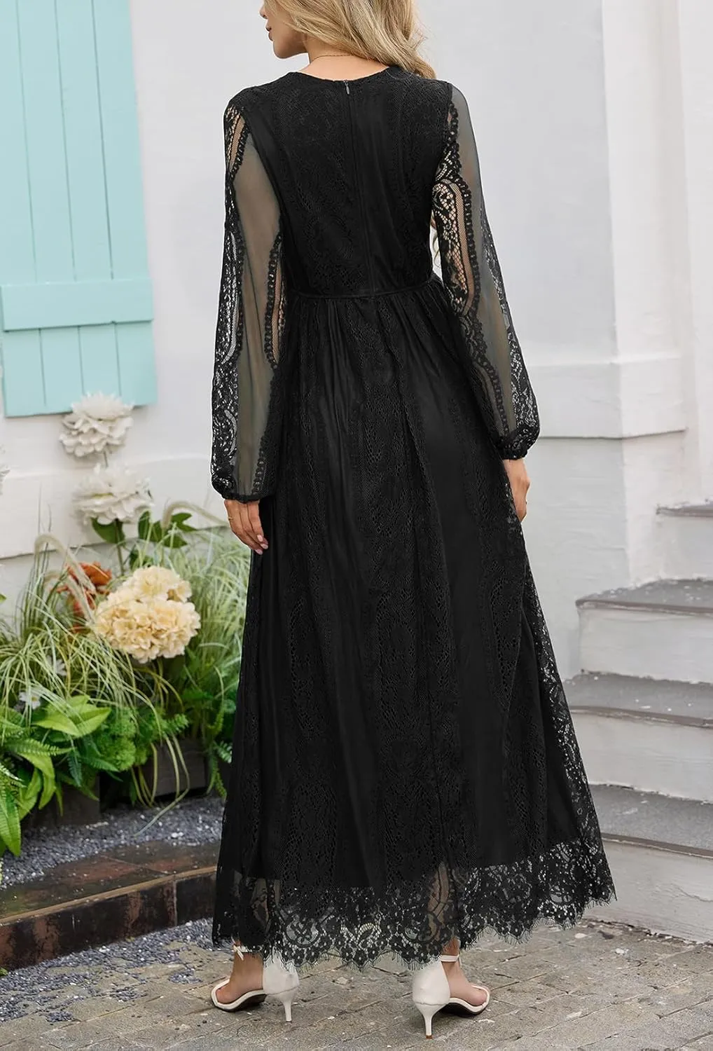 Women's Fall Lace Maxi Wedding Dress Long Sleeve V Neck Flowy A Line Cocktail Formal Party Dress Spring