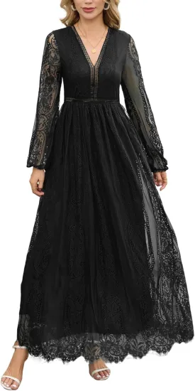 Women's Fall Lace Maxi Wedding Dress Long Sleeve V Neck Flowy A Line Cocktail Formal Party Dress Spring
