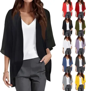 Women's Floral Print Puff Sleeve Kimono Cardigans Loose Chiffon Cardigan Beach Cover Up Open Front Blouse Tops