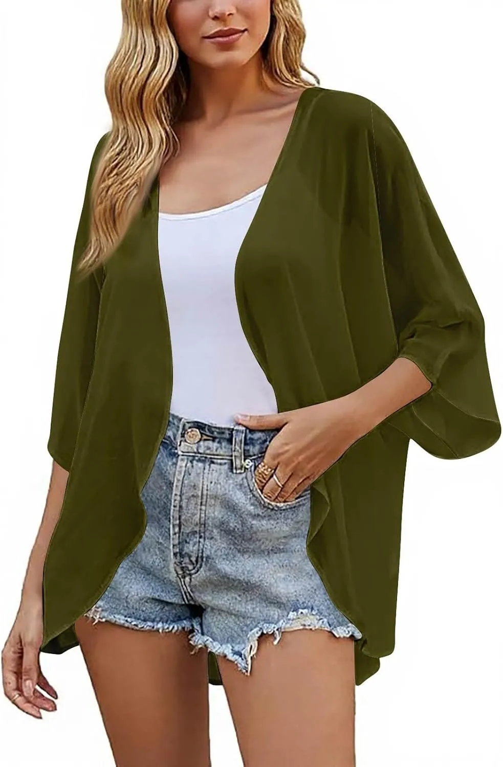 Women's Floral Print Puff Sleeve Kimono Cardigans Loose Chiffon Cardigan Beach Cover Up Open Front Blouse Tops