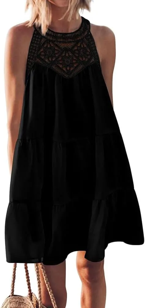 Women's Halter A-Line Tiered Swing Sundress Beach Vacation Mini Dress Sleeveless Summer Trendy Hollow Out Dresses Casual