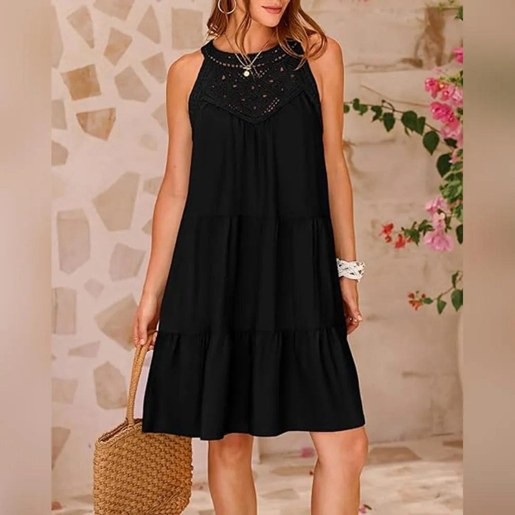 Women's Halter A-Line Tiered Swing Sundress Beach Vacation Mini Dress Sleeveless Summer Trendy Hollow Out Dresses Casual
