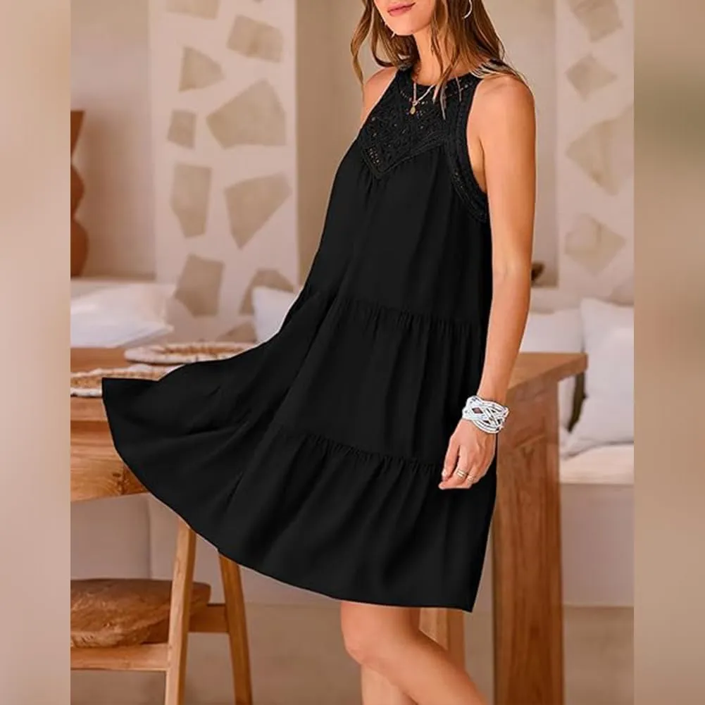 Women's Halter A-Line Tiered Swing Sundress Beach Vacation Mini Dress Sleeveless Summer Trendy Hollow Out Dresses Casual