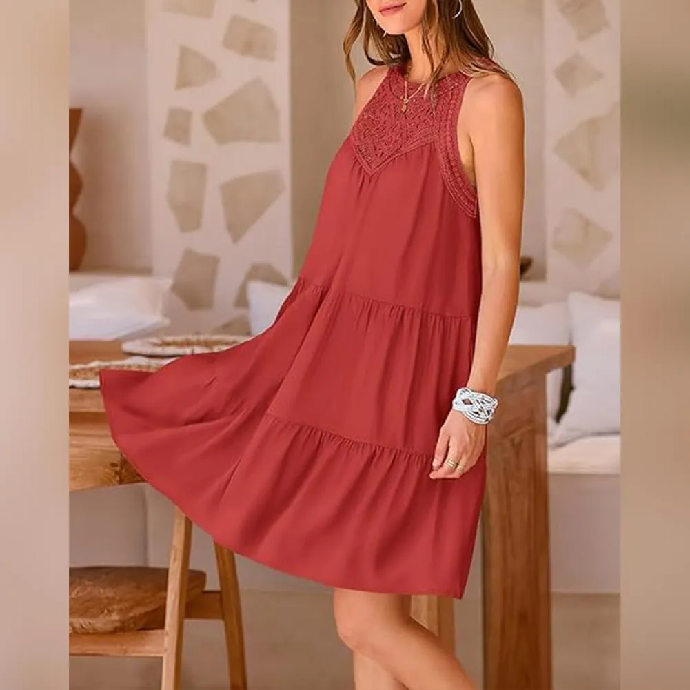 Women's Halter A-Line Tiered Swing Sundress Beach Vacation Mini Dress Sleeveless Summer Trendy Hollow Out Dresses Casual