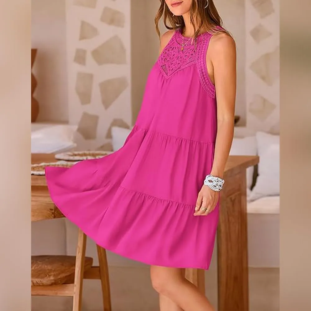 Women's Halter A-Line Tiered Swing Sundress Beach Vacation Mini Dress Sleeveless Summer Trendy Hollow Out Dresses Casual