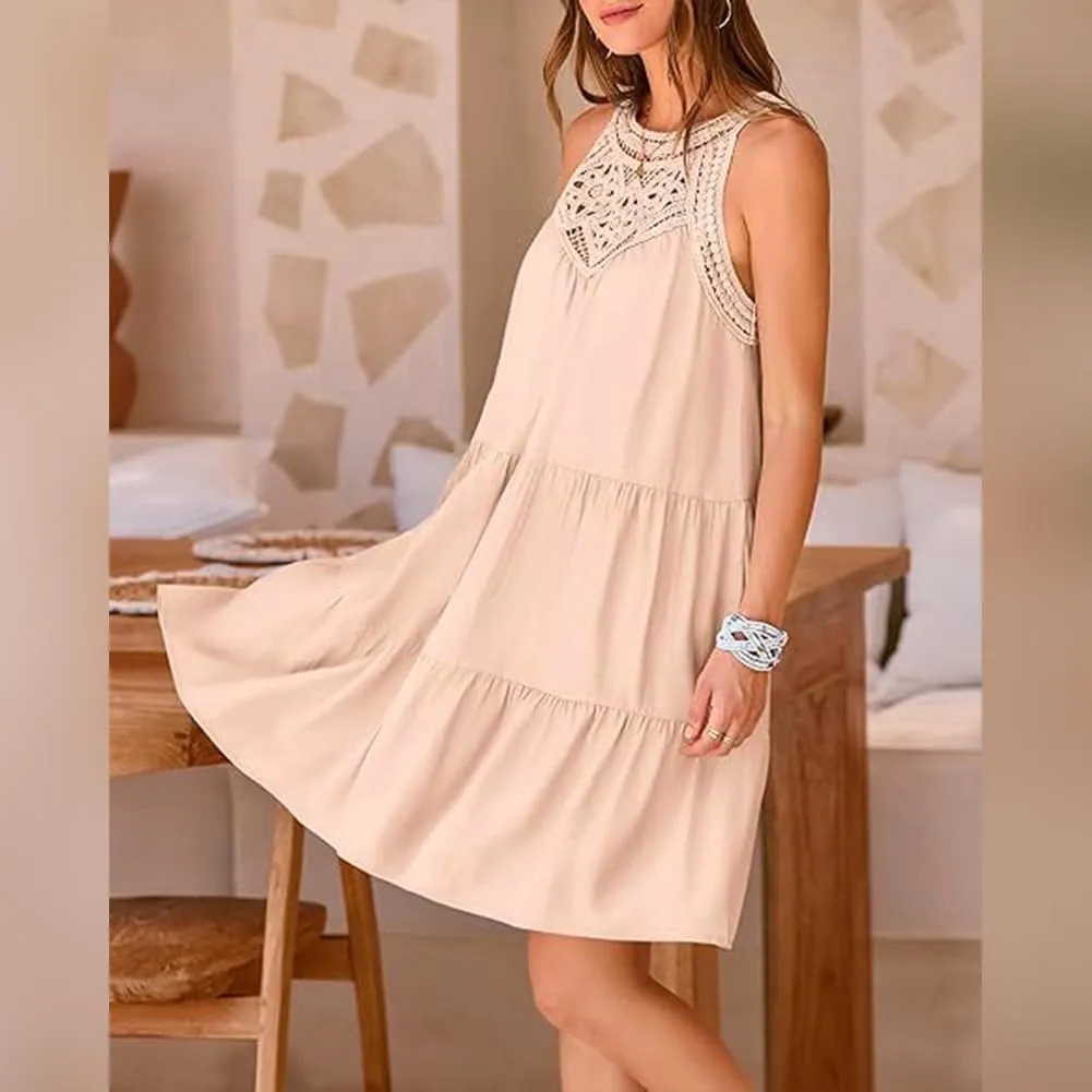 Women's Halter A-Line Tiered Swing Sundress Beach Vacation Mini Dress Sleeveless Summer Trendy Hollow Out Dresses Casual