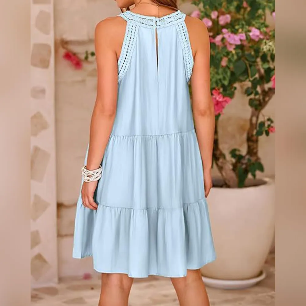 Women's Halter A-Line Tiered Swing Sundress Beach Vacation Mini Dress Sleeveless Summer Trendy Hollow Out Dresses Casual