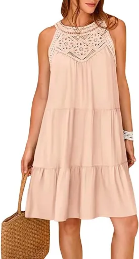 Women's Halter A-Line Tiered Swing Sundress Beach Vacation Mini Dress Sleeveless Summer Trendy Hollow Out Dresses Casual