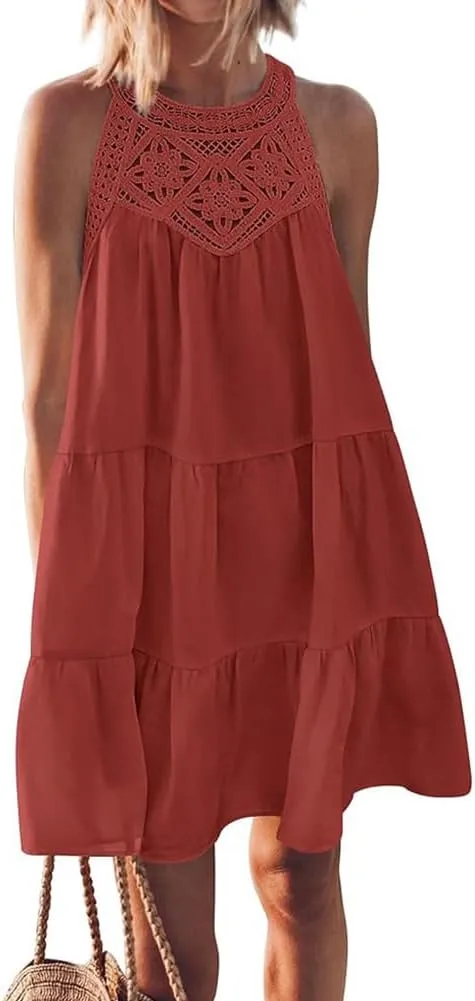 Women's Halter A-Line Tiered Swing Sundress Beach Vacation Mini Dress Sleeveless Summer Trendy Hollow Out Dresses Casual