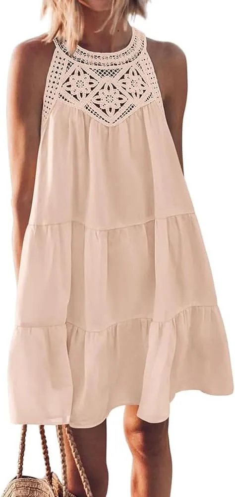 Women's Halter A-Line Tiered Swing Sundress Beach Vacation Mini Dress Sleeveless Summer Trendy Hollow Out Dresses Casual