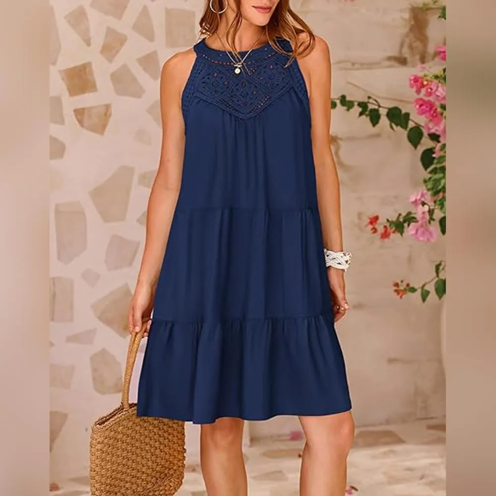 Women's Halter A-Line Tiered Swing Sundress Beach Vacation Mini Dress Sleeveless Summer Trendy Hollow Out Dresses Casual