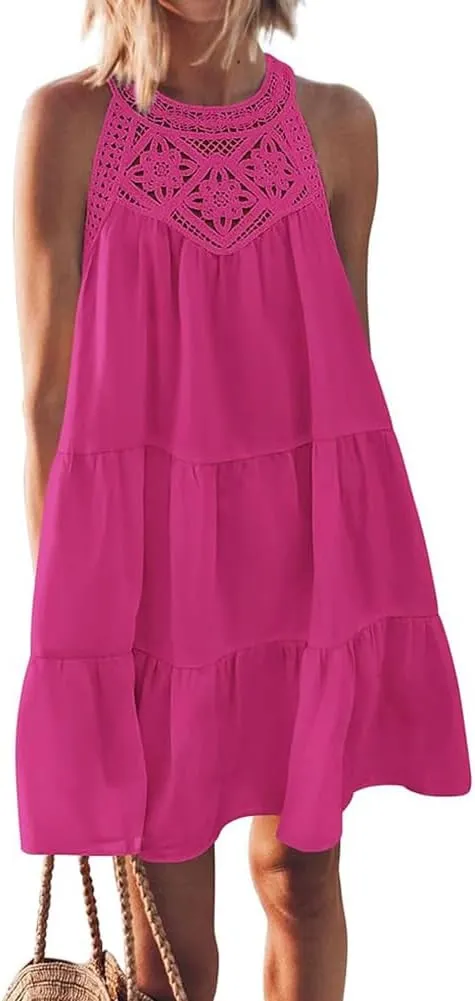 Women's Halter A-Line Tiered Swing Sundress Beach Vacation Mini Dress Sleeveless Summer Trendy Hollow Out Dresses Casual