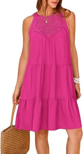 Women's Halter A-Line Tiered Swing Sundress Beach Vacation Mini Dress Sleeveless Summer Trendy Hollow Out Dresses Casual