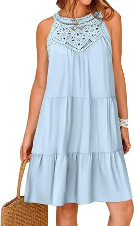 Women's Halter A-Line Tiered Swing Sundress Beach Vacation Mini Dress Sleeveless Summer Trendy Hollow Out Dresses Casual