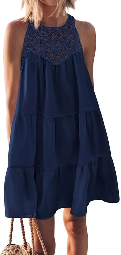 Women's Halter A-Line Tiered Swing Sundress Beach Vacation Mini Dress Sleeveless Summer Trendy Hollow Out Dresses Casual