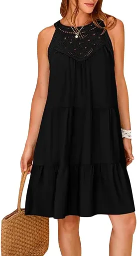 Women's Halter A-Line Tiered Swing Sundress Beach Vacation Mini Dress Sleeveless Summer Trendy Hollow Out Dresses Casual