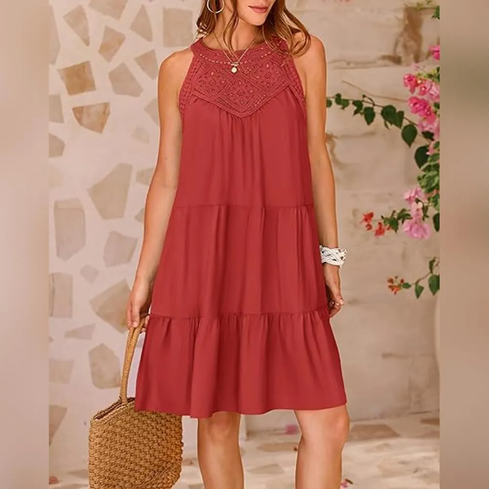 Women's Halter A-Line Tiered Swing Sundress Beach Vacation Mini Dress Sleeveless Summer Trendy Hollow Out Dresses Casual