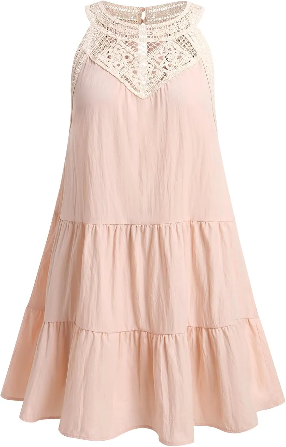 Women's Halter A-Line Tiered Swing Sundress Beach Vacation Mini Dress Sleeveless Summer Trendy Hollow Out Dresses Casual