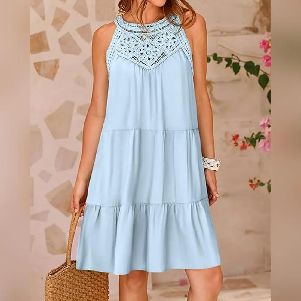 Women's Halter A-Line Tiered Swing Sundress Beach Vacation Mini Dress Sleeveless Summer Trendy Hollow Out Dresses Casual