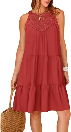 Women's Halter A-Line Tiered Swing Sundress Beach Vacation Mini Dress Sleeveless Summer Trendy Hollow Out Dresses Casual