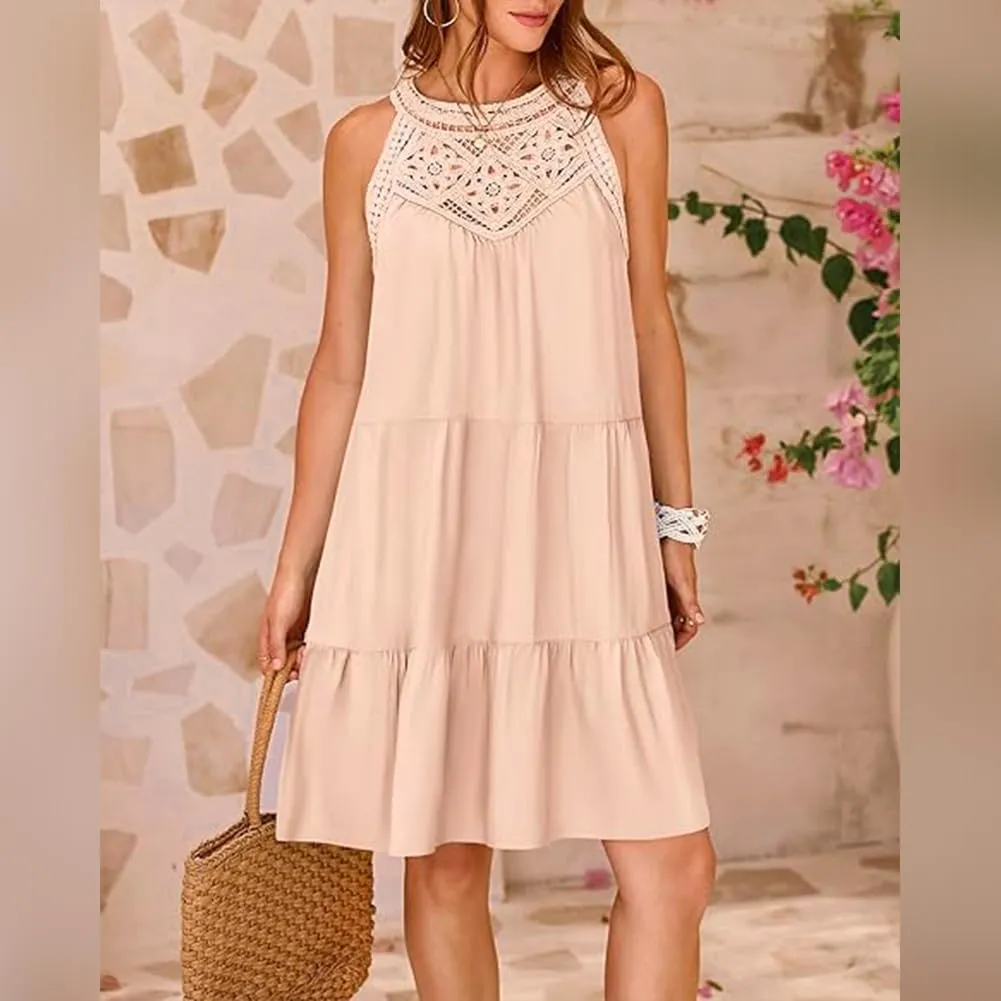 Women's Halter A-Line Tiered Swing Sundress Beach Vacation Mini Dress Sleeveless Summer Trendy Hollow Out Dresses Casual