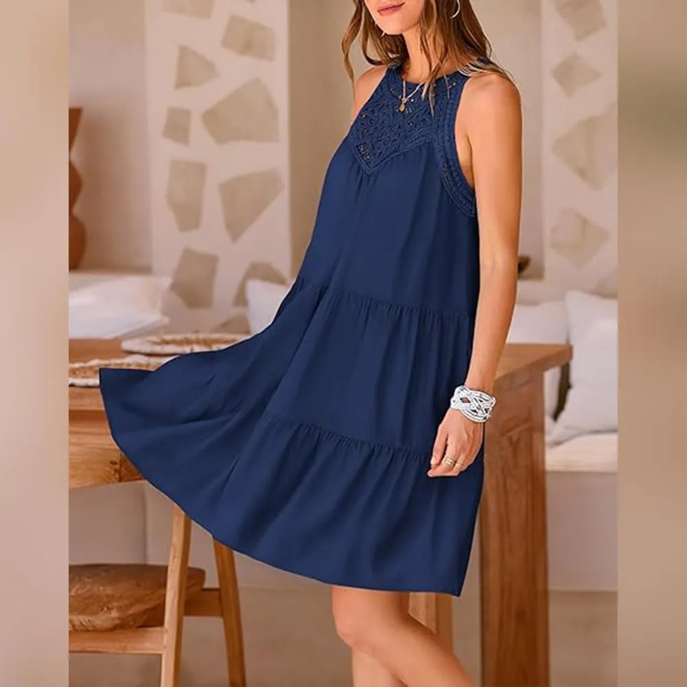 Women's Halter A-Line Tiered Swing Sundress Beach Vacation Mini Dress Sleeveless Summer Trendy Hollow Out Dresses Casual