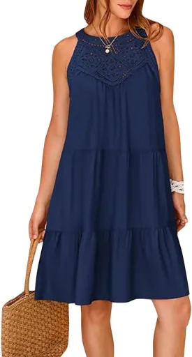 Women's Halter A-Line Tiered Swing Sundress Beach Vacation Mini Dress Sleeveless Summer Trendy Hollow Out Dresses Casual