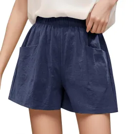 Womens Linen Shorts Casual Elastic High Waisted Cotton Shorts Loose Fit Summer Flowy Beach Short Pants with Pockets