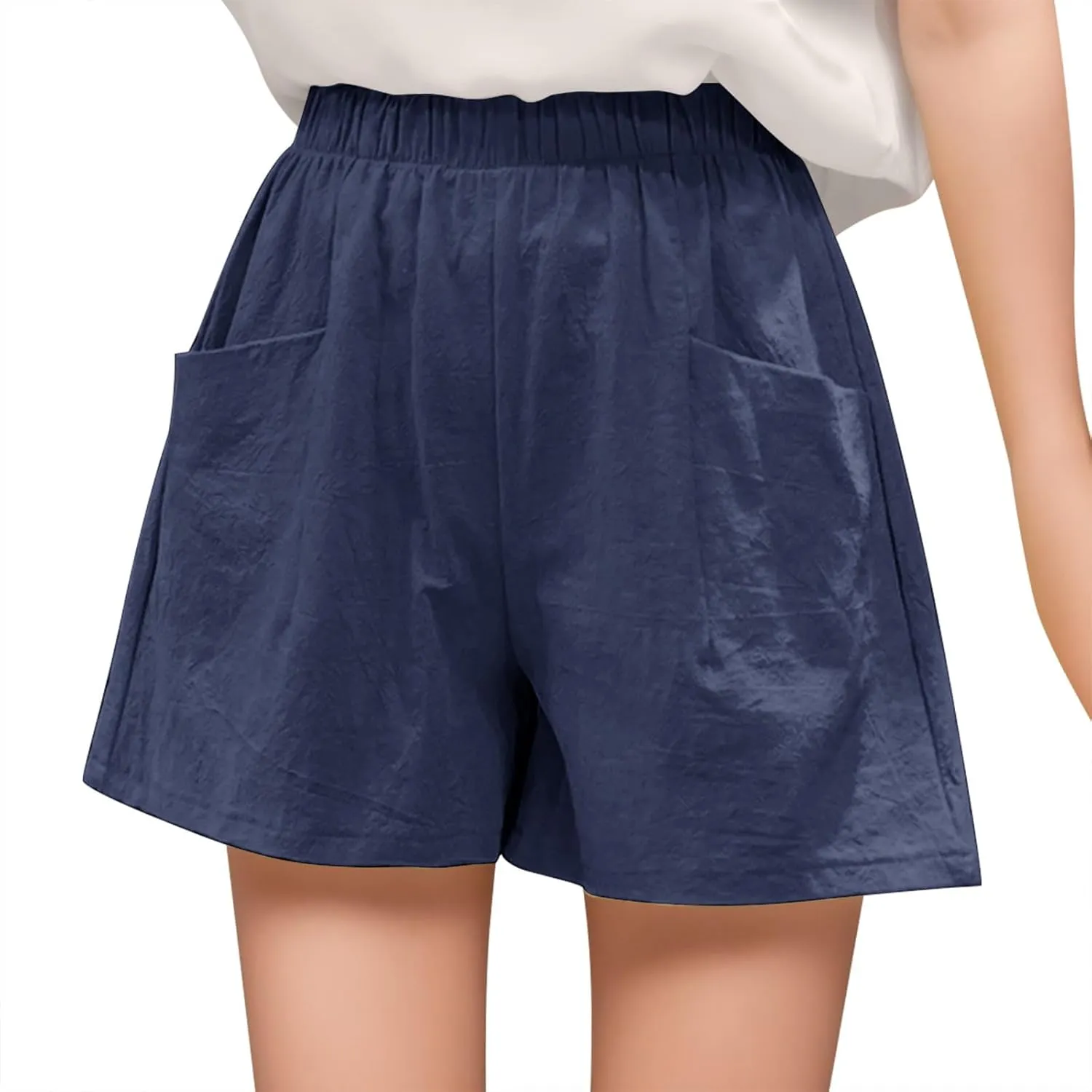 Womens Linen Shorts Casual Elastic High Waisted Cotton Shorts Loose Fit Summer Flowy Beach Short Pants with Pockets