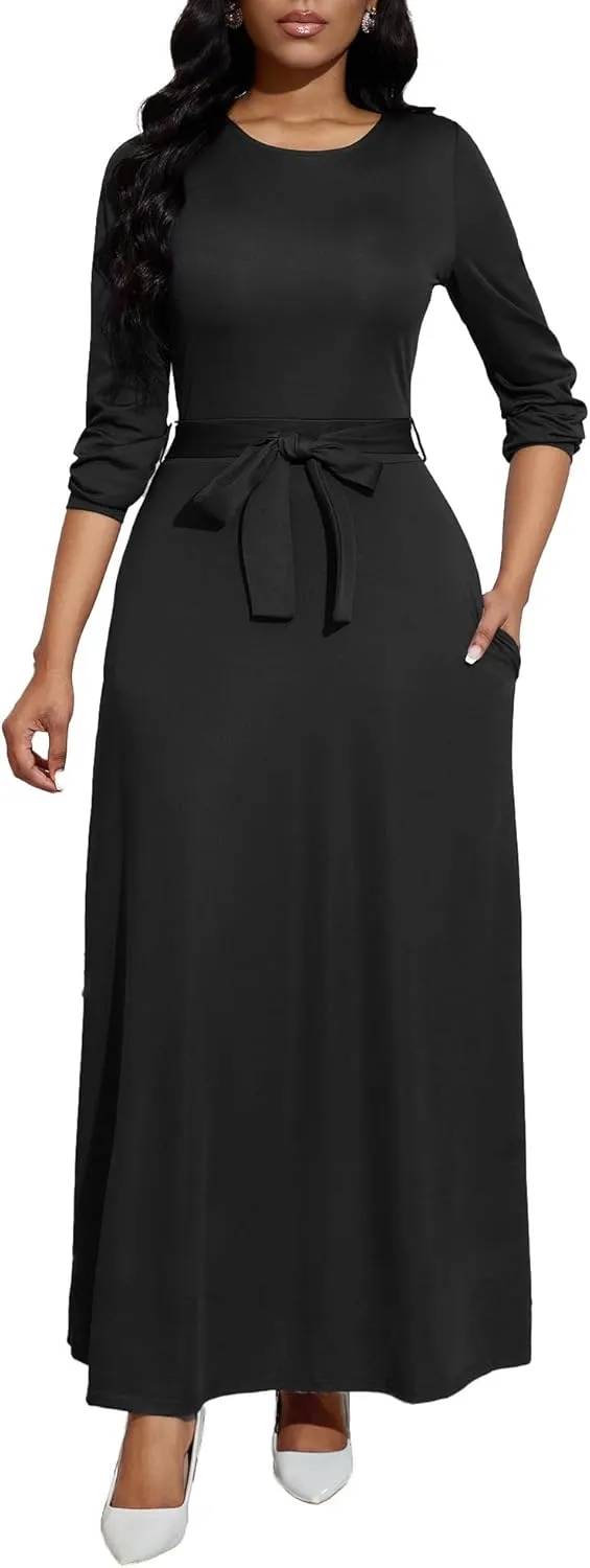 Women's Long Sleeve Crewneck Casual Maxi Dress Belted High Waist Long Dresses with Pockets