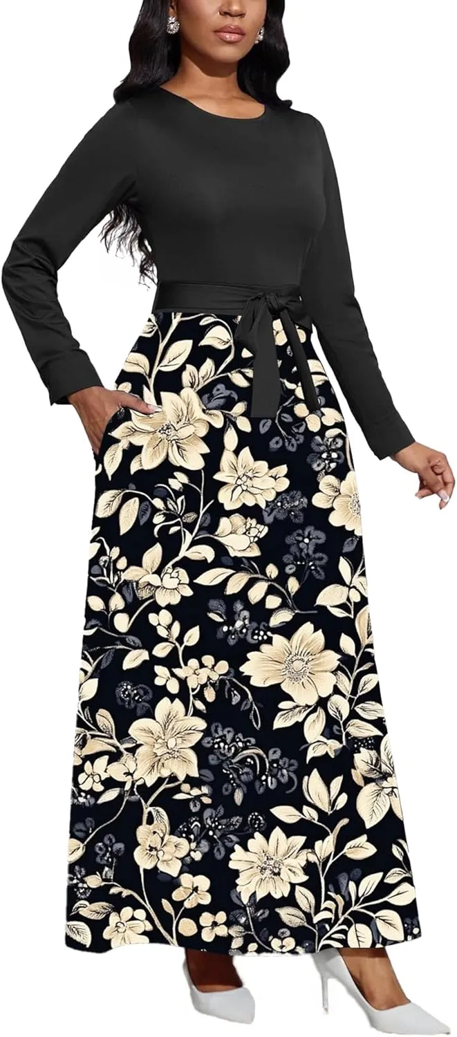 Women's Long Sleeve Crewneck Casual Maxi Dress Belted High Waist Long Dresses with Pockets