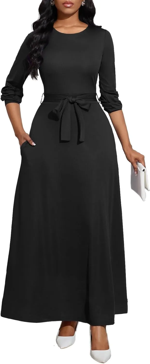 Women's Long Sleeve Crewneck Casual Maxi Dress Belted High Waist Long Dresses with Pockets