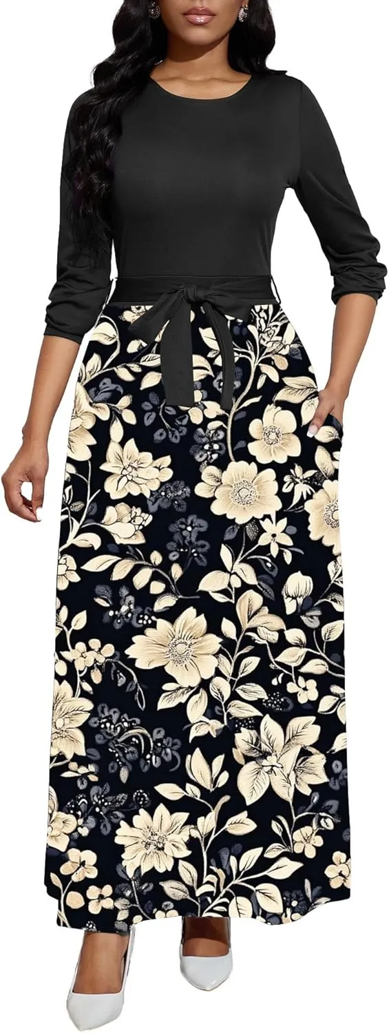 Women's Long Sleeve Crewneck Casual Maxi Dress Belted High Waist Long Dresses with Pockets