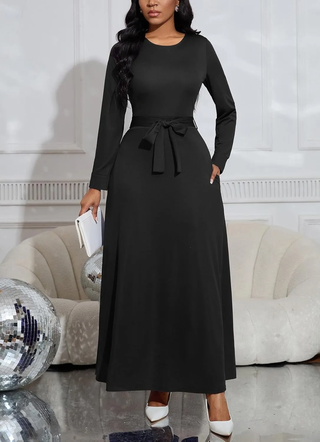 Women's Long Sleeve Crewneck Casual Maxi Dress Belted High Waist Long Dresses with Pockets