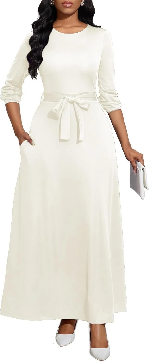 Women's Long Sleeve Crewneck Casual Maxi Dress Belted High Waist Long Dresses with Pockets