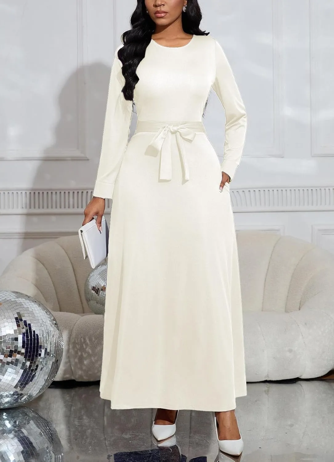 Women's Long Sleeve Crewneck Casual Maxi Dress Belted High Waist Long Dresses with Pockets