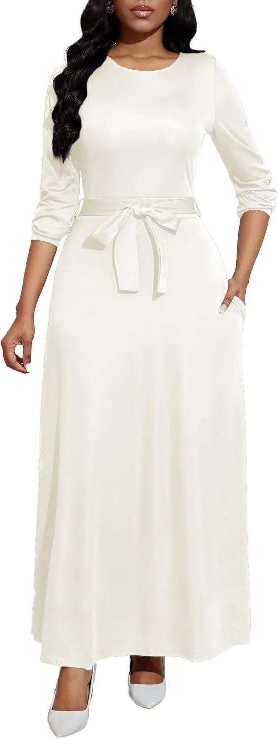 Women's Long Sleeve Crewneck Casual Maxi Dress Belted High Waist Long Dresses with Pockets