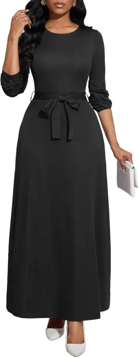 Women's Long Sleeve Crewneck Casual Maxi Dress Belted High Waist Long Dresses with Pockets