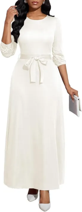 Women's Long Sleeve Crewneck Casual Maxi Dress Belted High Waist Long Dresses with Pockets