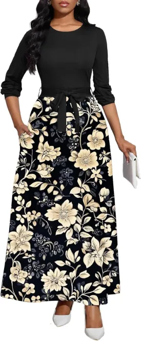 Women's Long Sleeve Crewneck Casual Maxi Dress Belted High Waist Long Dresses with Pockets