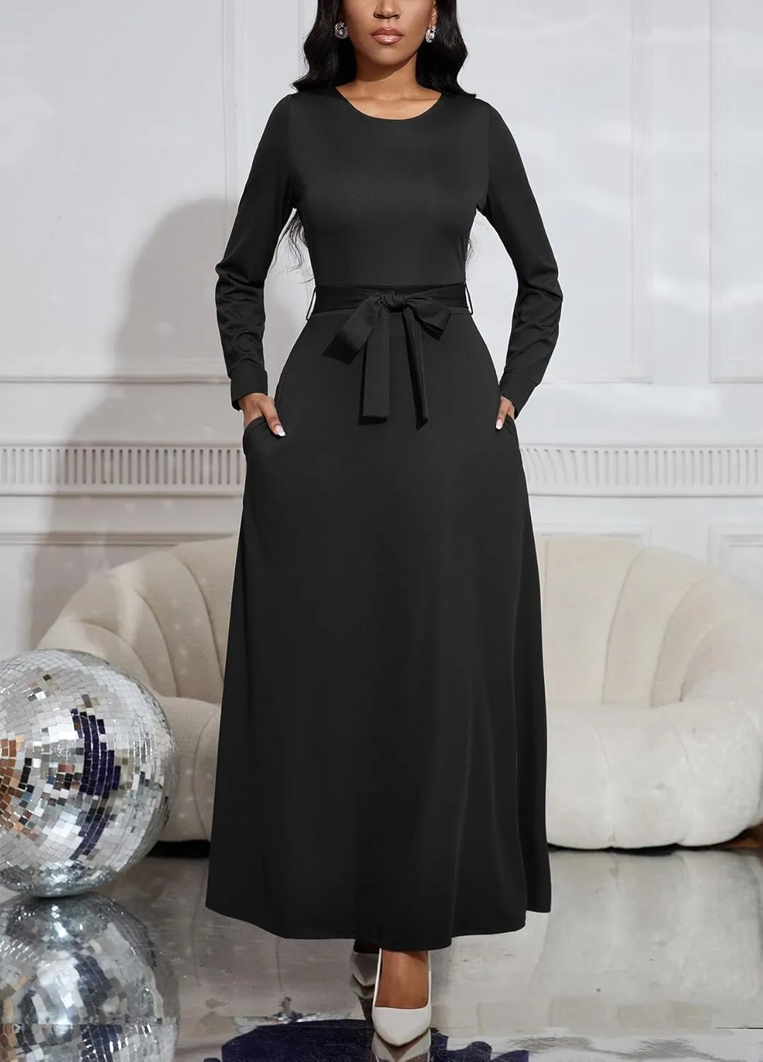 Women's Long Sleeve Crewneck Casual Maxi Dress Belted High Waist Long Dresses with Pockets