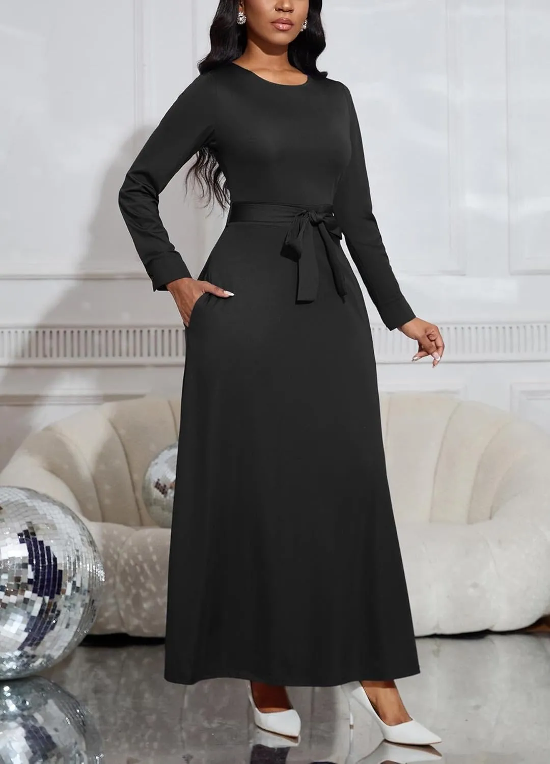 Women's Long Sleeve Crewneck Casual Maxi Dress Belted High Waist Long Dresses with Pockets